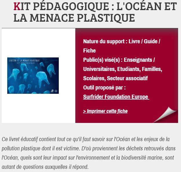 KIT PÉDAGOGIQUE : L'OCÉAN ET LA MENACE PLASTIQUE, proposé par Surfrider Foundation Europe